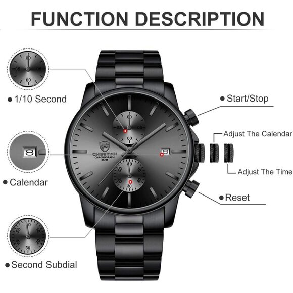 ⚡Black Grey Men Watches with Black Stainless Steel and Metal Casual Waterproof - Picture 4 of 8
